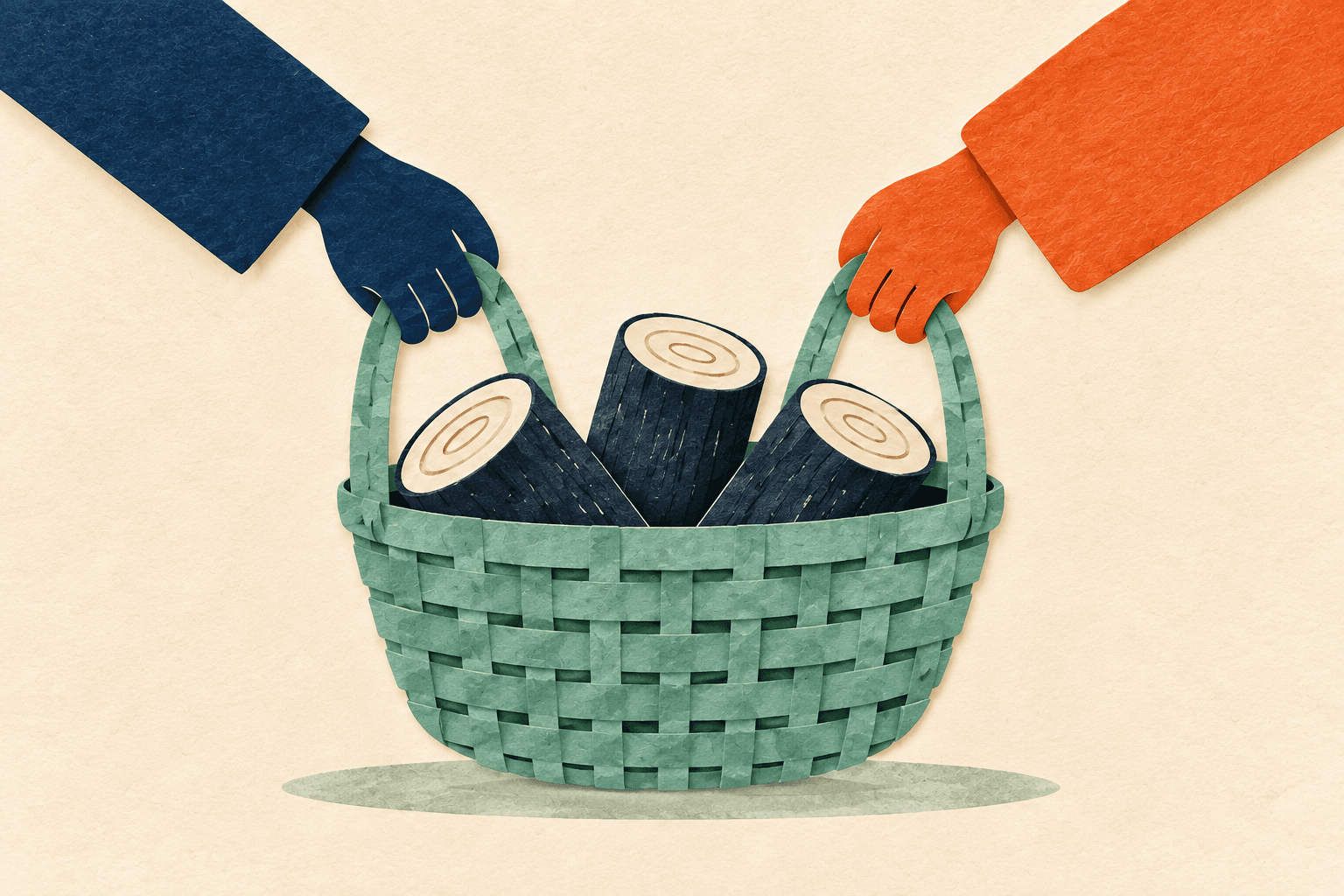 Paper-cut illustration of two hands in ink-blue and persimmon sleeves sharing a sea-glass basket of firewood.