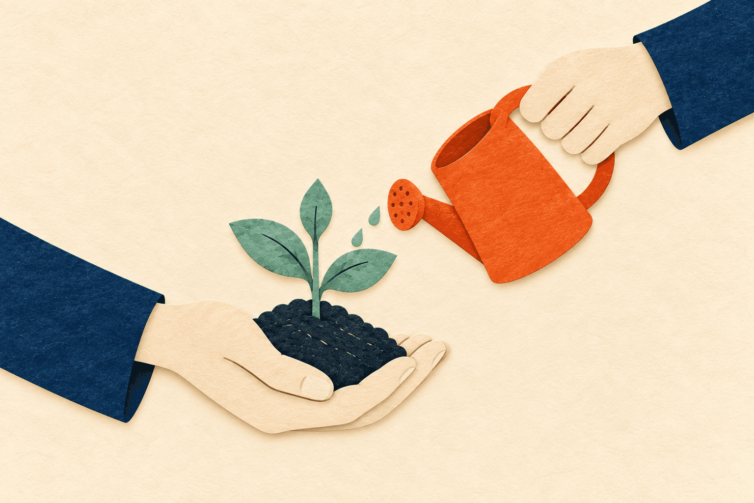 Paper-cut illustration of one hand supporting a sea-glass seedling in soil while another gently waters it with a persimmon-orange watering can.